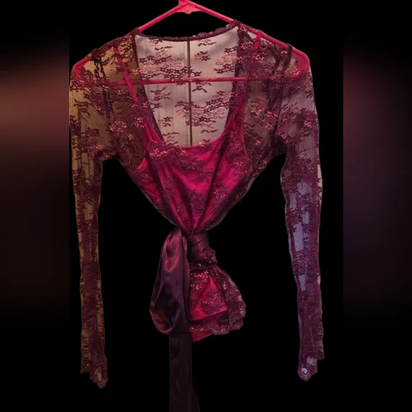 Moda International Pink And Maroon Lace Wrap Blouse With Beautiful Ribbon Y2k - Picture 2 of 4